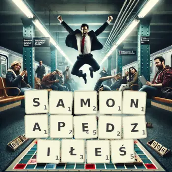 Kreatywna ilustracja do gry w Scrabble ze słowem SAMONAPĘDZIŁEŚ ułożonym z płytek na planszy.