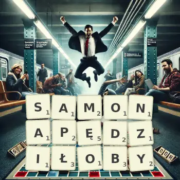 Kreatywna ilustracja do gry w Scrabble ze słowem SAMONAPĘDZIŁOBY ułożonym z płytek na planszy.