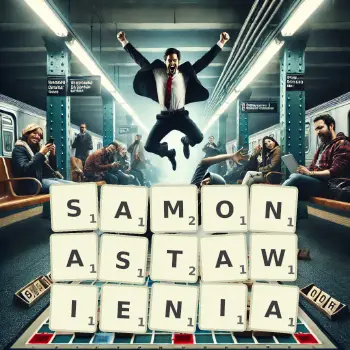 Kreatywna ilustracja do gry w Scrabble ze słowem SAMONASTAWIENIA ułożonym z płytek na planszy.