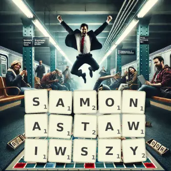 Kreatywna ilustracja do gry w Scrabble ze słowem SAMONASTAWIWSZY ułożonym z płytek na planszy.