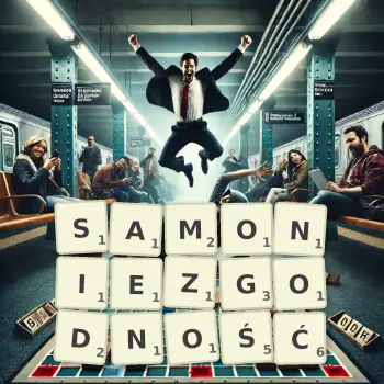 Kreatywna ilustracja do gry w Scrabble ze słowem SAMONIEZGODNOŚĆ ułożonym z płytek na planszy.