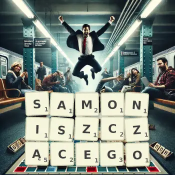 Kreatywna ilustracja do gry w Scrabble ze słowem SAMONISZCZĄCEGO ułożonym z płytek na planszy.