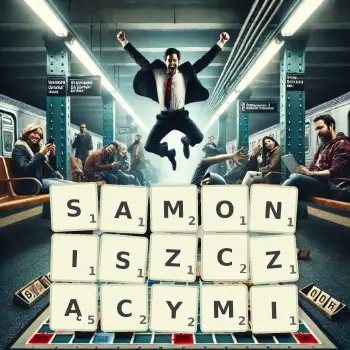 Kreatywna ilustracja do gry w Scrabble ze słowem SAMONISZCZĄCYMI ułożonym z płytek na planszy.