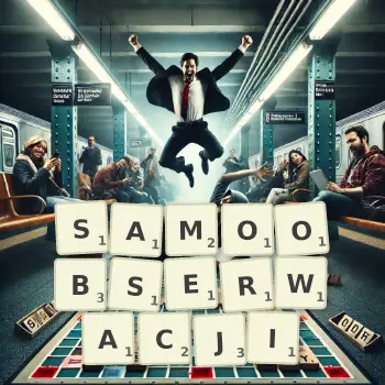 Kreatywna ilustracja do gry w Scrabble ze słowem SAMOOBSERWACJI ułożonym z płytek na planszy.