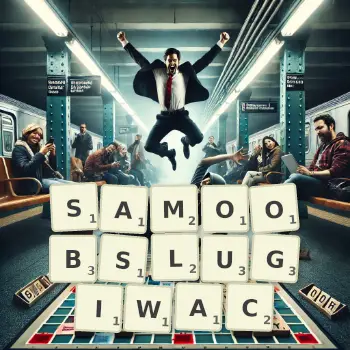 Kreatywna ilustracja do gry w Scrabble ze słowem SAMOOBSLUGIWAC ułożonym z płytek na planszy.