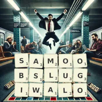 Kreatywna ilustracja do gry w Scrabble ze słowem SAMOOBSLUGIWALO ułożonym z płytek na planszy.