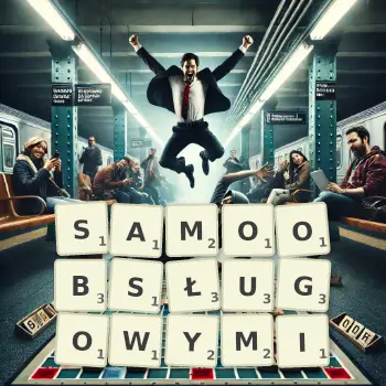 Kreatywna ilustracja do gry w Scrabble ze słowem SAMOOBSŁUGOWYMI ułożonym z płytek na planszy.