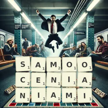 Kreatywna ilustracja do gry w Scrabble ze słowem SAMOOCENIANIAMI ułożonym z płytek na planszy.