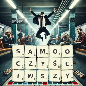Kreatywna ilustracja do gry w Scrabble ze słowem SAMOOCZYŚCIWSZY ułożonym z płytek na planszy.