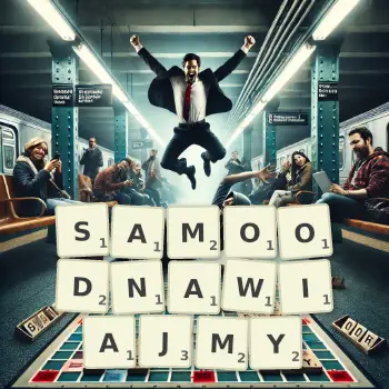 Kreatywna ilustracja do gry w Scrabble ze słowem SAMOODNAWIAJMY ułożonym z płytek na planszy.