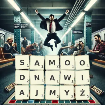 Kreatywna ilustracja do gry w Scrabble ze słowem SAMOODNAWIAJMYŻ ułożonym z płytek na planszy.
