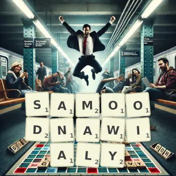 Kreatywna ilustracja do gry w Scrabble ze słowem SAMOODNAWIALY ułożonym z płytek na planszy.