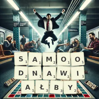 Kreatywna ilustracja do gry w Scrabble ze słowem SAMOODNAWIAŁBY ułożonym z płytek na planszy.
