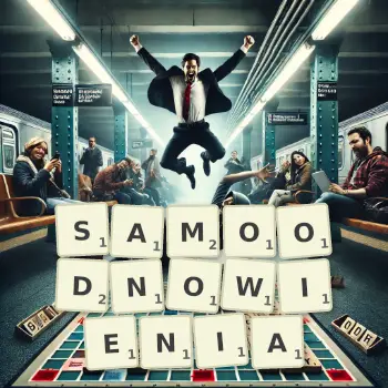 Kreatywna ilustracja do gry w Scrabble ze słowem SAMOODNOWIENIA ułożonym z płytek na planszy.