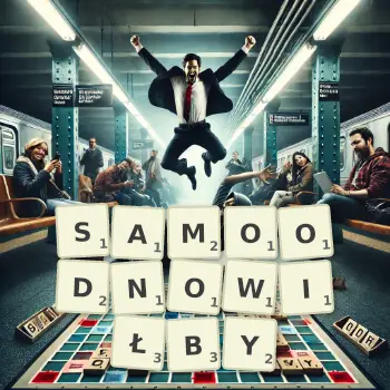Kreatywna ilustracja do gry w Scrabble ze słowem SAMOODNOWIŁBY ułożonym z płytek na planszy.