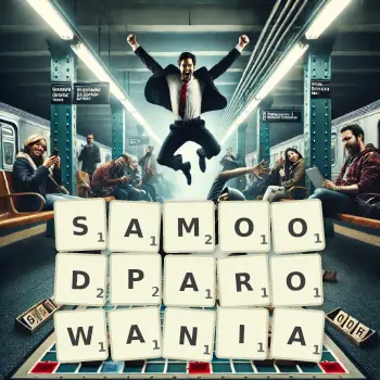 Kreatywna ilustracja do gry w Scrabble ze słowem SAMOODPAROWANIA ułożonym z płytek na planszy.