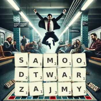 Kreatywna ilustracja do gry w Scrabble ze słowem SAMOODTWARZAJMY ułożonym z płytek na planszy.