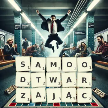 Kreatywna ilustracja do gry w Scrabble ze słowem SAMOODTWARZAJĄC ułożonym z płytek na planszy.