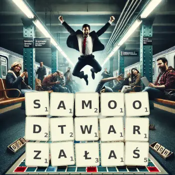 Kreatywna ilustracja do gry w Scrabble ze słowem SAMOODTWARZAŁAŚ ułożonym z płytek na planszy.