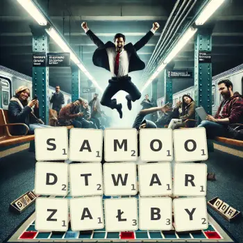 Kreatywna ilustracja do gry w Scrabble ze słowem SAMOODTWARZAŁBY ułożonym z płytek na planszy.