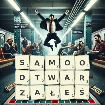 Kreatywna ilustracja do gry w Scrabble ze słowem SAMOODTWARZAŁEŚ ułożonym z płytek na planszy.