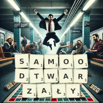 Kreatywna ilustracja do gry w Scrabble ze słowem SAMOODTWARZAŁY ułożonym z płytek na planszy.