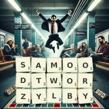 Kreatywna ilustracja do gry w Scrabble ze słowem SAMOODTWORZYLBY ułożonym z płytek na planszy.