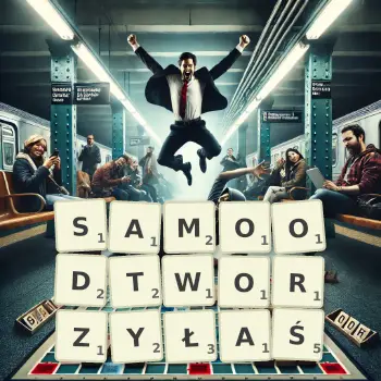 Kreatywna ilustracja do gry w Scrabble ze słowem SAMOODTWORZYŁAŚ ułożonym z płytek na planszy.
