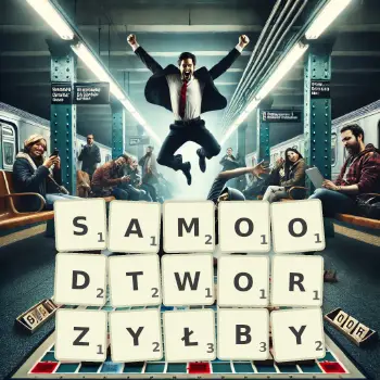 Kreatywna ilustracja do gry w Scrabble ze słowem SAMOODTWORZYŁBY ułożonym z płytek na planszy.