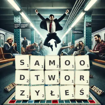 Kreatywna ilustracja do gry w Scrabble ze słowem SAMOODTWORZYŁEŚ ułożonym z płytek na planszy.