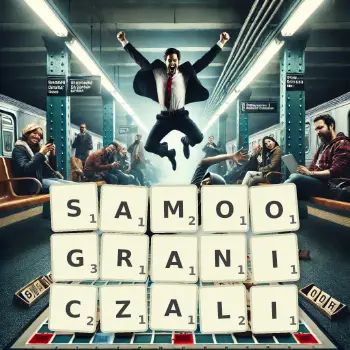 Kreatywna ilustracja do gry w Scrabble ze słowem SAMOOGRANICZALI ułożonym z płytek na planszy.