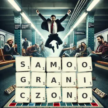 Kreatywna ilustracja do gry w Scrabble ze słowem SAMOOGRANICZONO ułożonym z płytek na planszy.