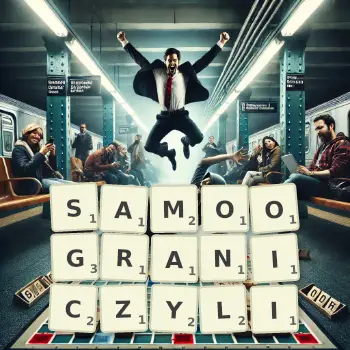 Kreatywna ilustracja do gry w Scrabble ze słowem SAMOOGRANICZYLI ułożonym z płytek na planszy.