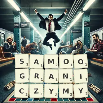 Kreatywna ilustracja do gry w Scrabble ze słowem SAMOOGRANICZYMY ułożonym z płytek na planszy.