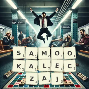 Kreatywna ilustracja do gry w Scrabble ze słowem SAMOOKALECZAJ ułożonym z płytek na planszy.