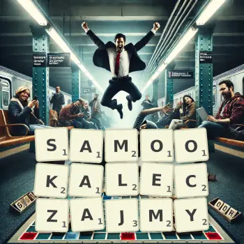Kreatywna ilustracja do gry w Scrabble ze słowem SAMOOKALECZAJMY ułożonym z płytek na planszy.