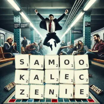 Kreatywna ilustracja do gry w Scrabble ze słowem SAMOOKALECZENIE ułożonym z płytek na planszy.
