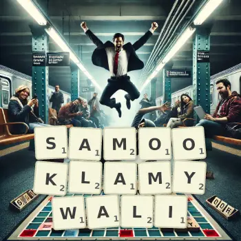 Kreatywna ilustracja do gry w Scrabble ze słowem SAMOOKLAMYWALI ułożonym z płytek na planszy.