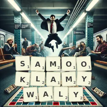 Kreatywna ilustracja do gry w Scrabble ze słowem SAMOOKLAMYWALY ułożonym z płytek na planszy.