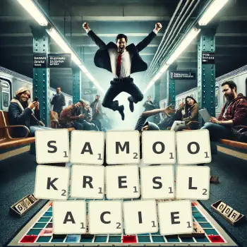 Kreatywna ilustracja do gry w Scrabble ze słowem SAMOOKRESLACIE ułożonym z płytek na planszy.