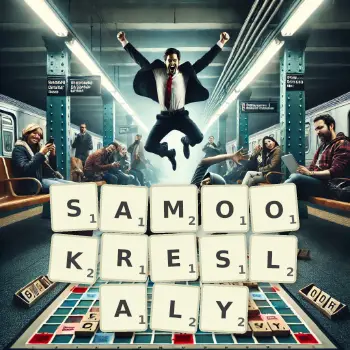 Kreatywna ilustracja do gry w Scrabble ze słowem SAMOOKRESLALY ułożonym z płytek na planszy.