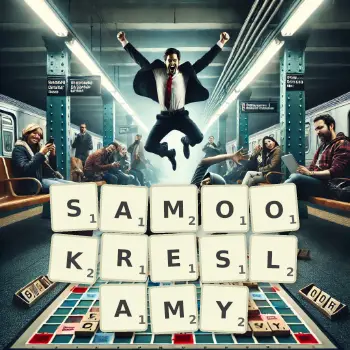 Kreatywna ilustracja do gry w Scrabble ze słowem SAMOOKRESLAMY ułożonym z płytek na planszy.