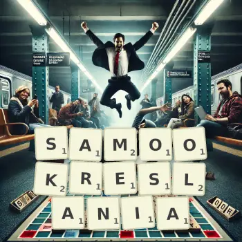 Kreatywna ilustracja do gry w Scrabble ze słowem SAMOOKRESLANIA ułożonym z płytek na planszy.