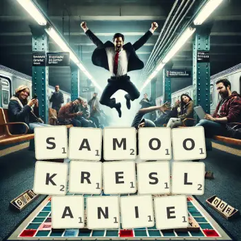 Kreatywna ilustracja do gry w Scrabble ze słowem SAMOOKRESLANIE ułożonym z płytek na planszy.