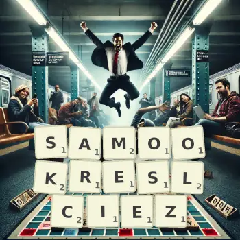 Kreatywna ilustracja do gry w Scrabble ze słowem SAMOOKRESLCIEZ ułożonym z płytek na planszy.