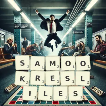 Kreatywna ilustracja do gry w Scrabble ze słowem SAMOOKRESLILES ułożonym z płytek na planszy.