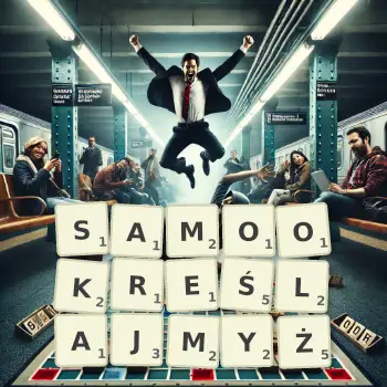 Kreatywna ilustracja do gry w Scrabble ze słowem SAMOOKREŚLAJMYŻ ułożonym z płytek na planszy.