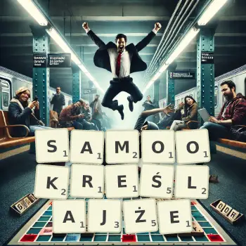 Kreatywna ilustracja do gry w Scrabble ze słowem SAMOOKREŚLAJŻE ułożonym z płytek na planszy.
