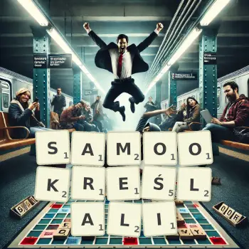 Kreatywna ilustracja do gry w Scrabble ze słowem SAMOOKREŚLALI ułożonym z płytek na planszy.