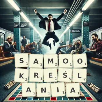 Kreatywna ilustracja do gry w Scrabble ze słowem SAMOOKREŚLANIA ułożonym z płytek na planszy.